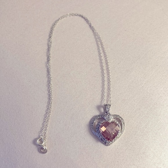 Double Heart 925 Silver Necklace & Pink Cubic Zirconia Heart Pendant - Picture 3 of 10